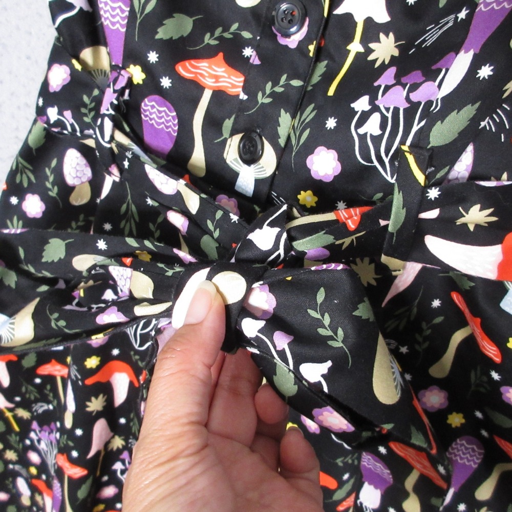Eva Rose Dress Mushroom Fit‎ Flare Black Retro Mod Belted Novelty Forest Quirky - Picture 3 of 9
